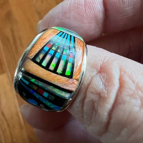 Colorful, Multi-Gemstone, Sterling Silver Inlay Statement Ring - Picture 3 of 17